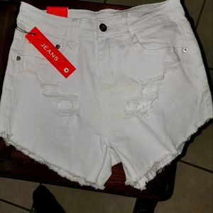 High wasted distressed white denim shorts